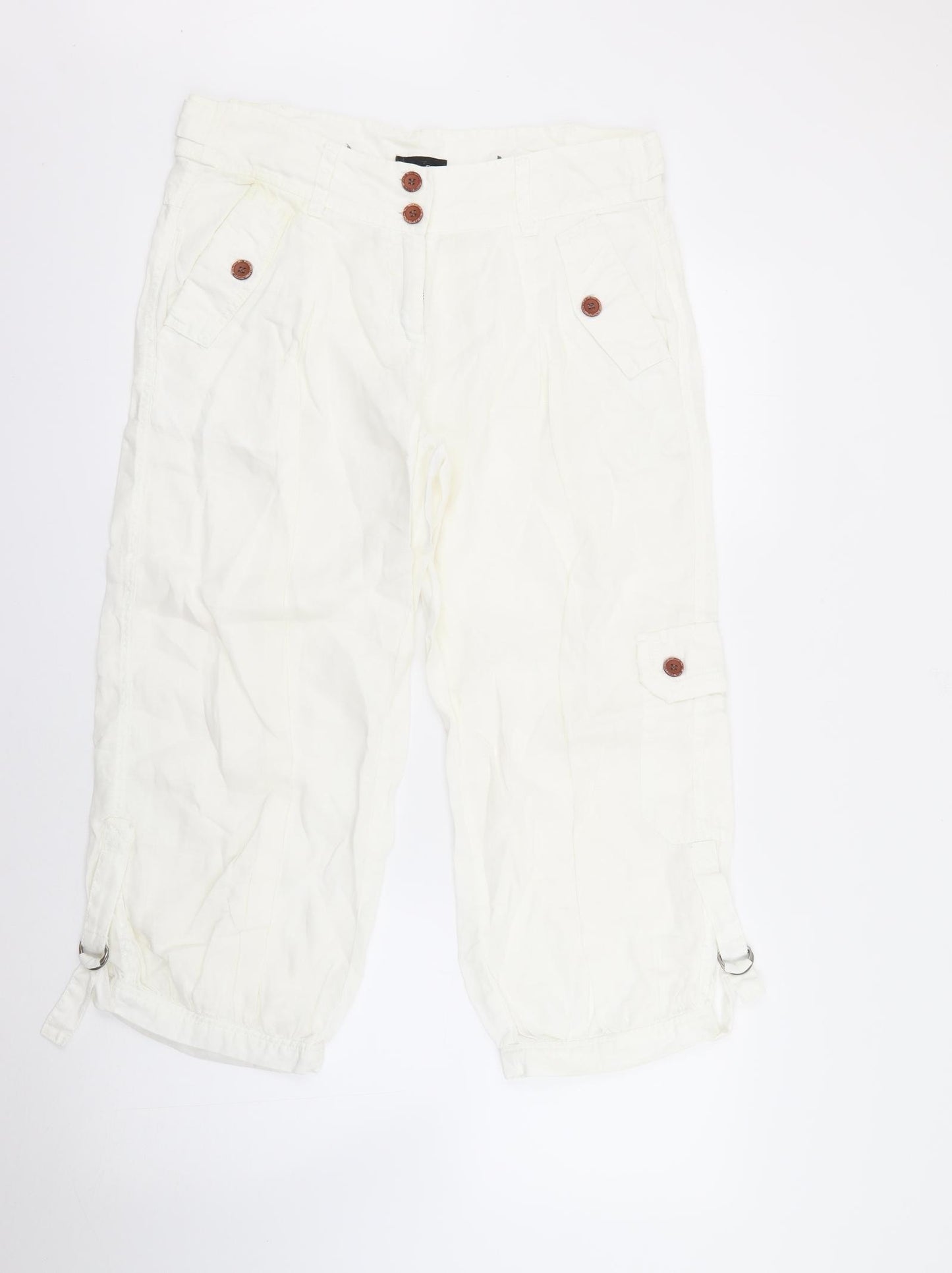 NEXT Womens Ivory  Linen Cargo Trousers Size 10 L22 in Regular Button
