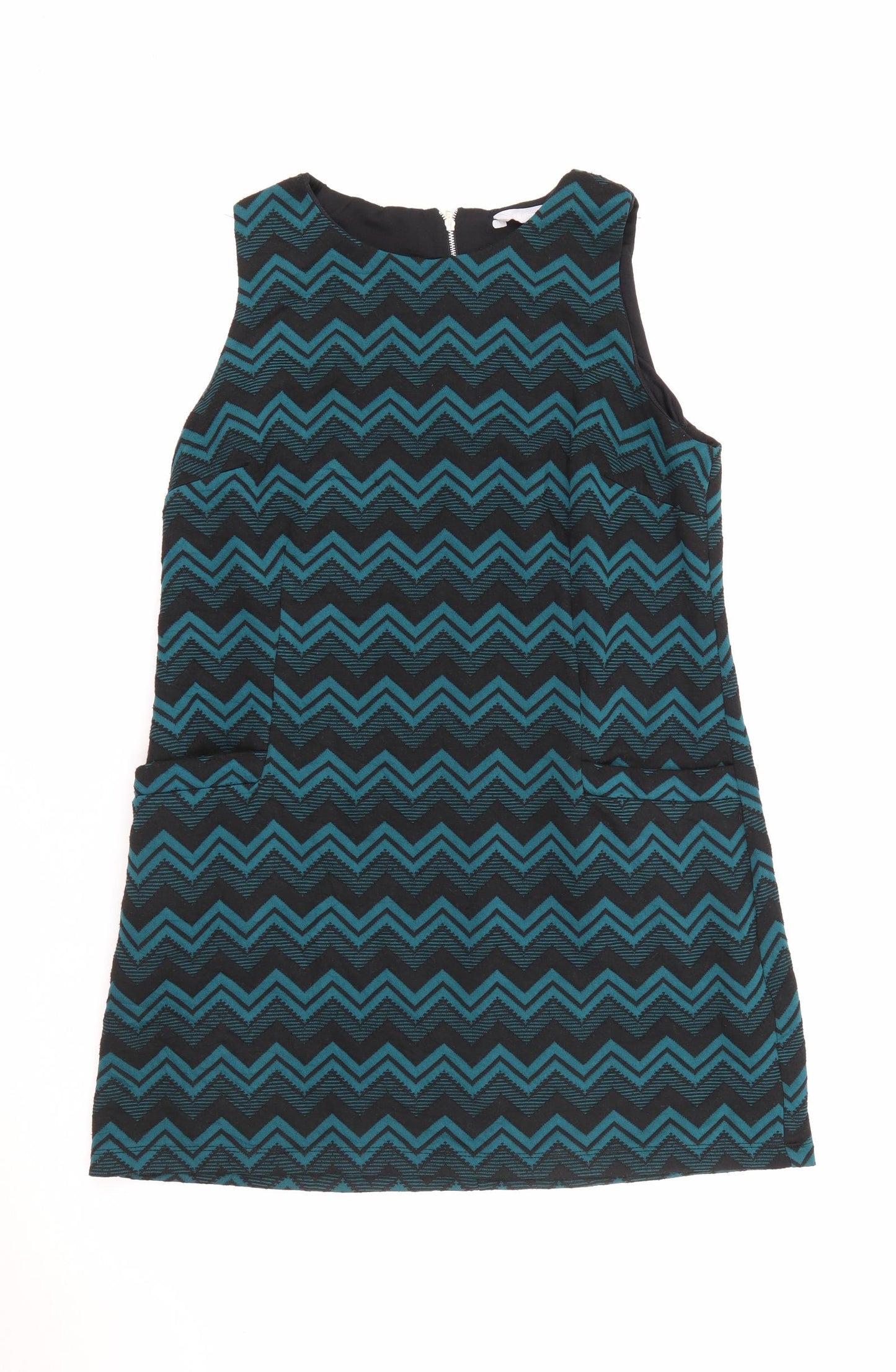 Red Herring Womens Blue Geometric Polyester Pencil Dress  Size 16  Round Neck Zip