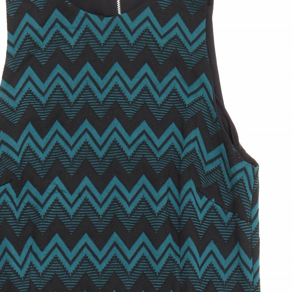 Red Herring Womens Blue Geometric Polyester Pencil Dress  Size 16  Round Neck Zip