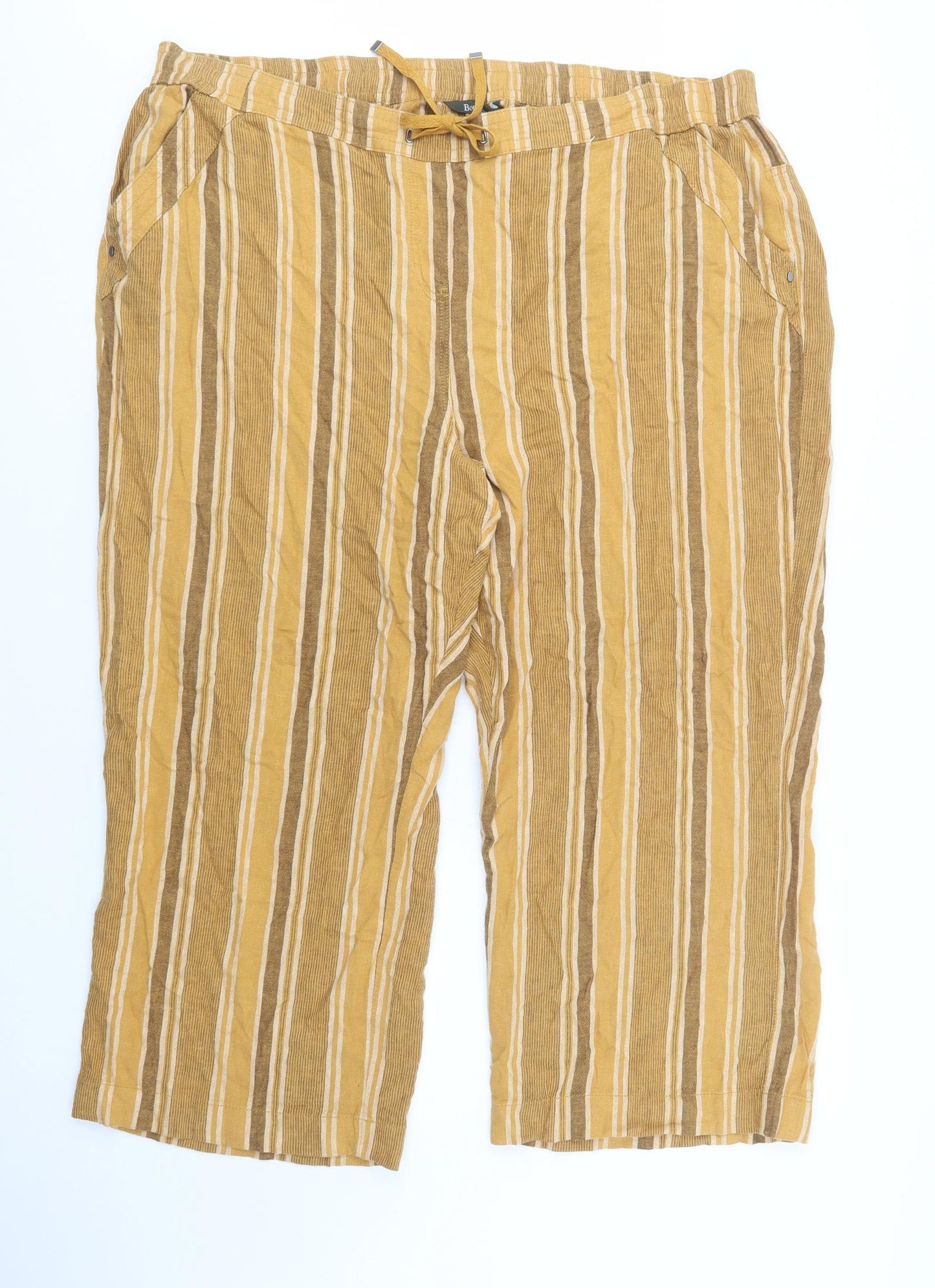Bonmarché Womens Yellow Striped Linen Trousers  Size 24 L27 in Regular Drawstring
