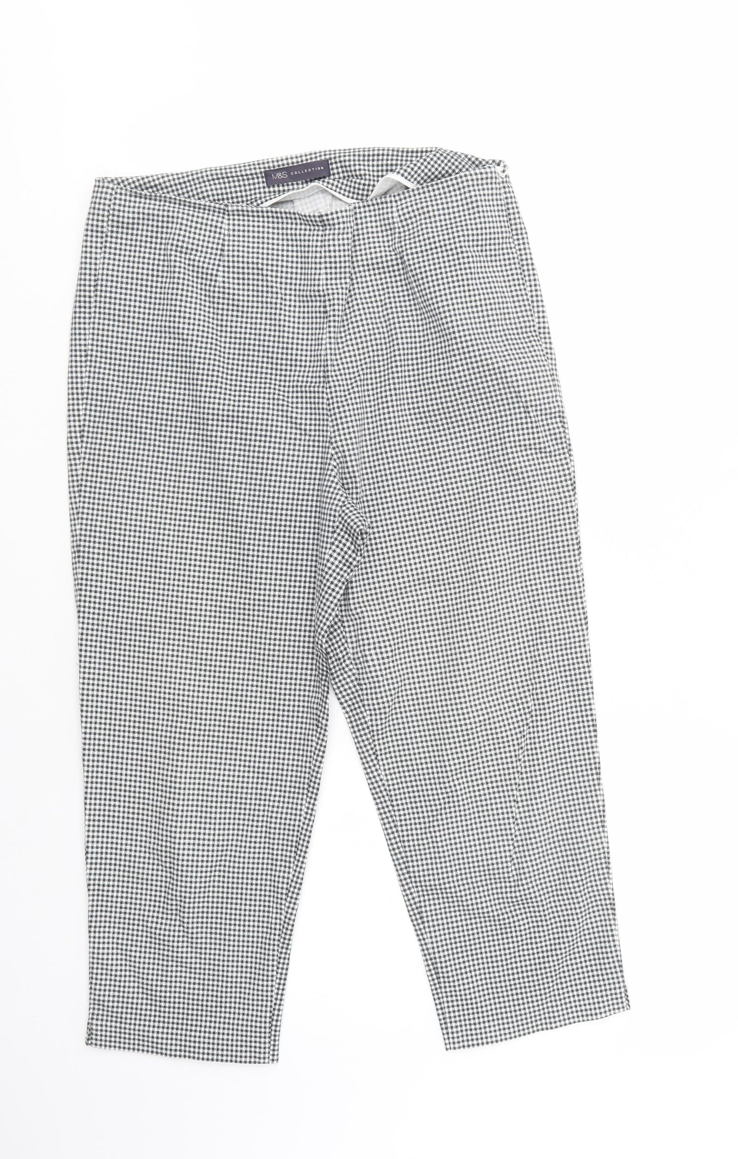 Marks and Spencer Womens Grey Check Cotton Cropped Trousers Size 12 L23 in Regular Zip