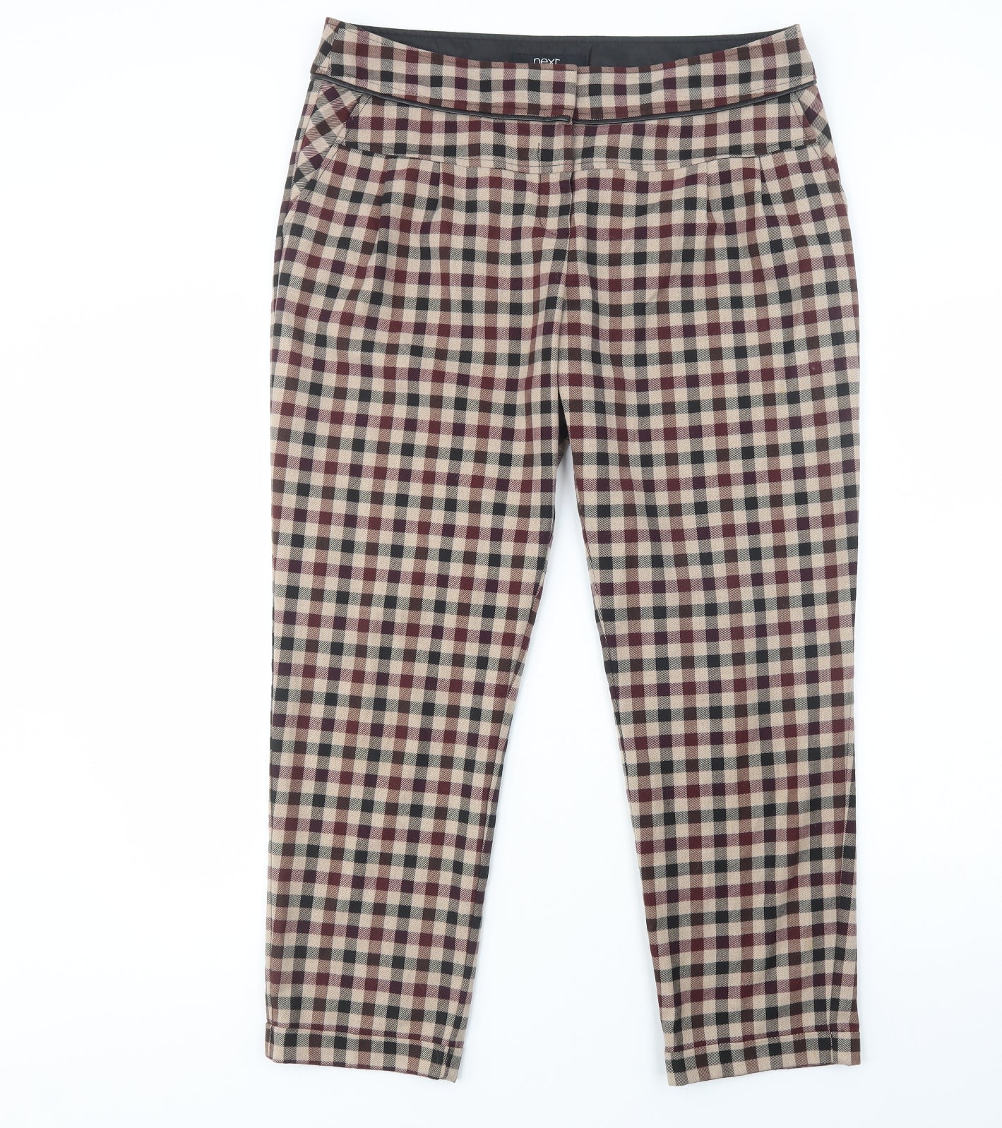 NEXT Womens Beige Check Polyester Dress Pants Trousers Size 14 L26 in Regular Button