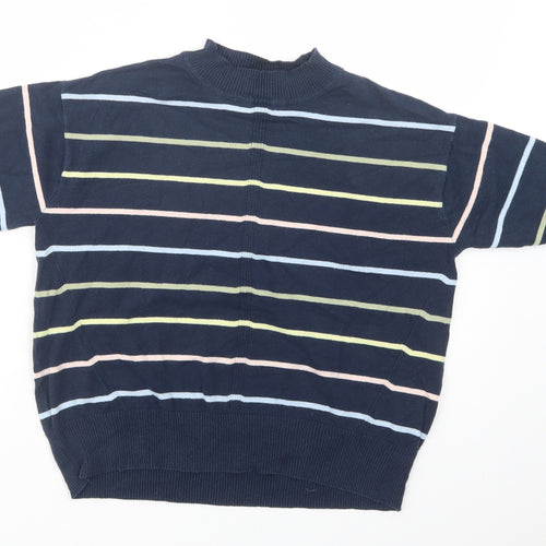 Marks and Spencer Womens Blue Mock Neck Striped Cotton Pullover Jumper Size S