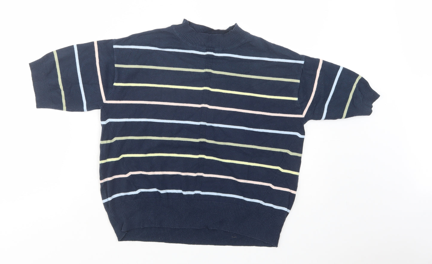 Marks and Spencer Womens Blue Mock Neck Striped Cotton Pullover Jumper Size S