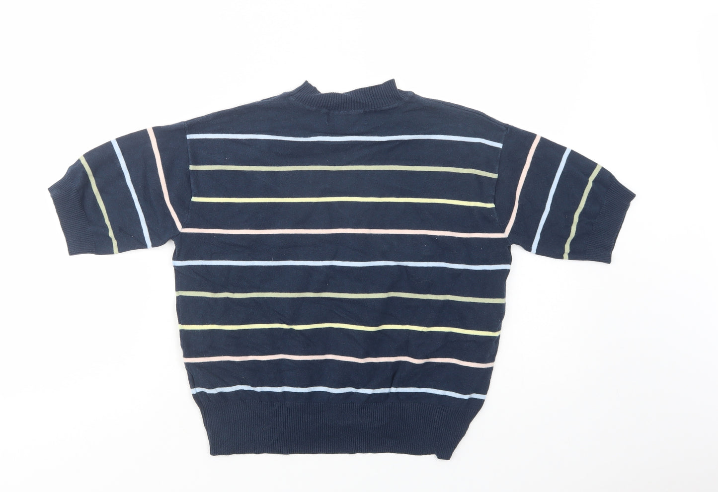 Marks and Spencer Womens Blue Mock Neck Striped Cotton Pullover Jumper Size S
