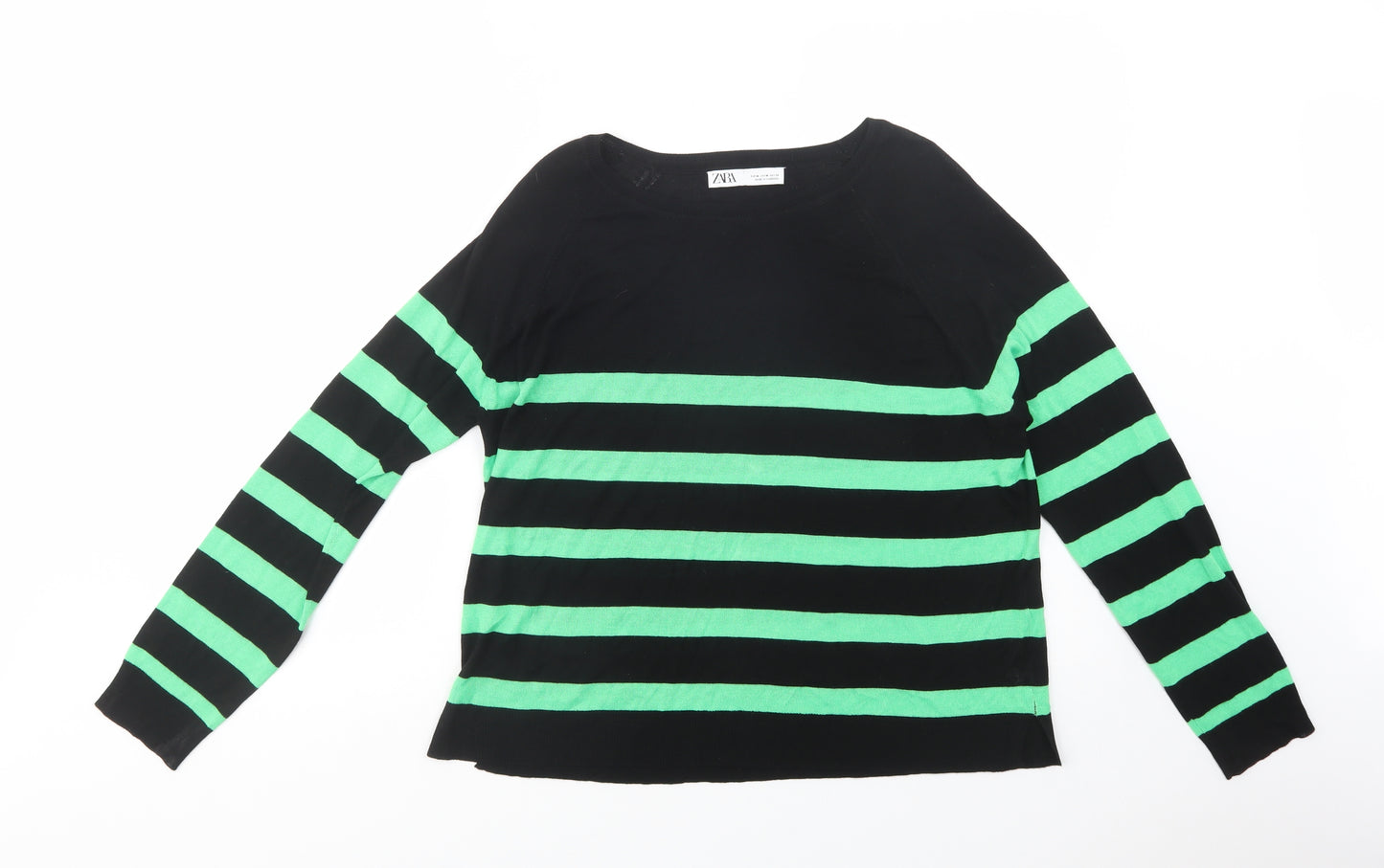 Zara Womens Black Boat Neck Striped Viscose Pullover Jumper Size M