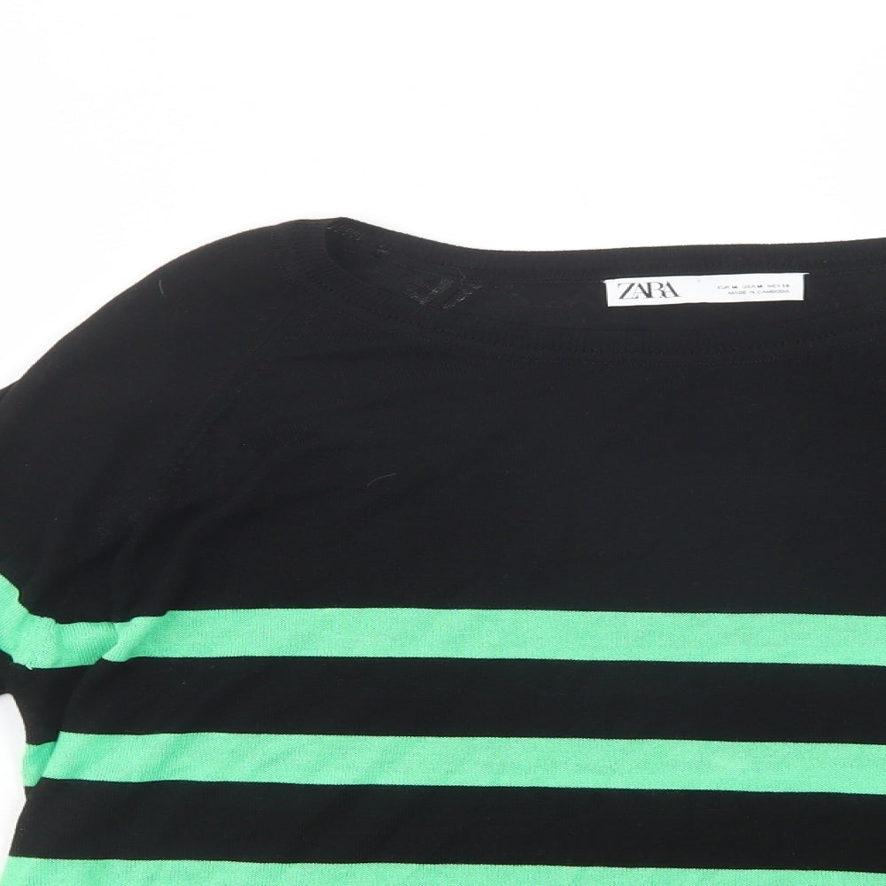 Zara Womens Black Boat Neck Striped Viscose Pullover Jumper Size M