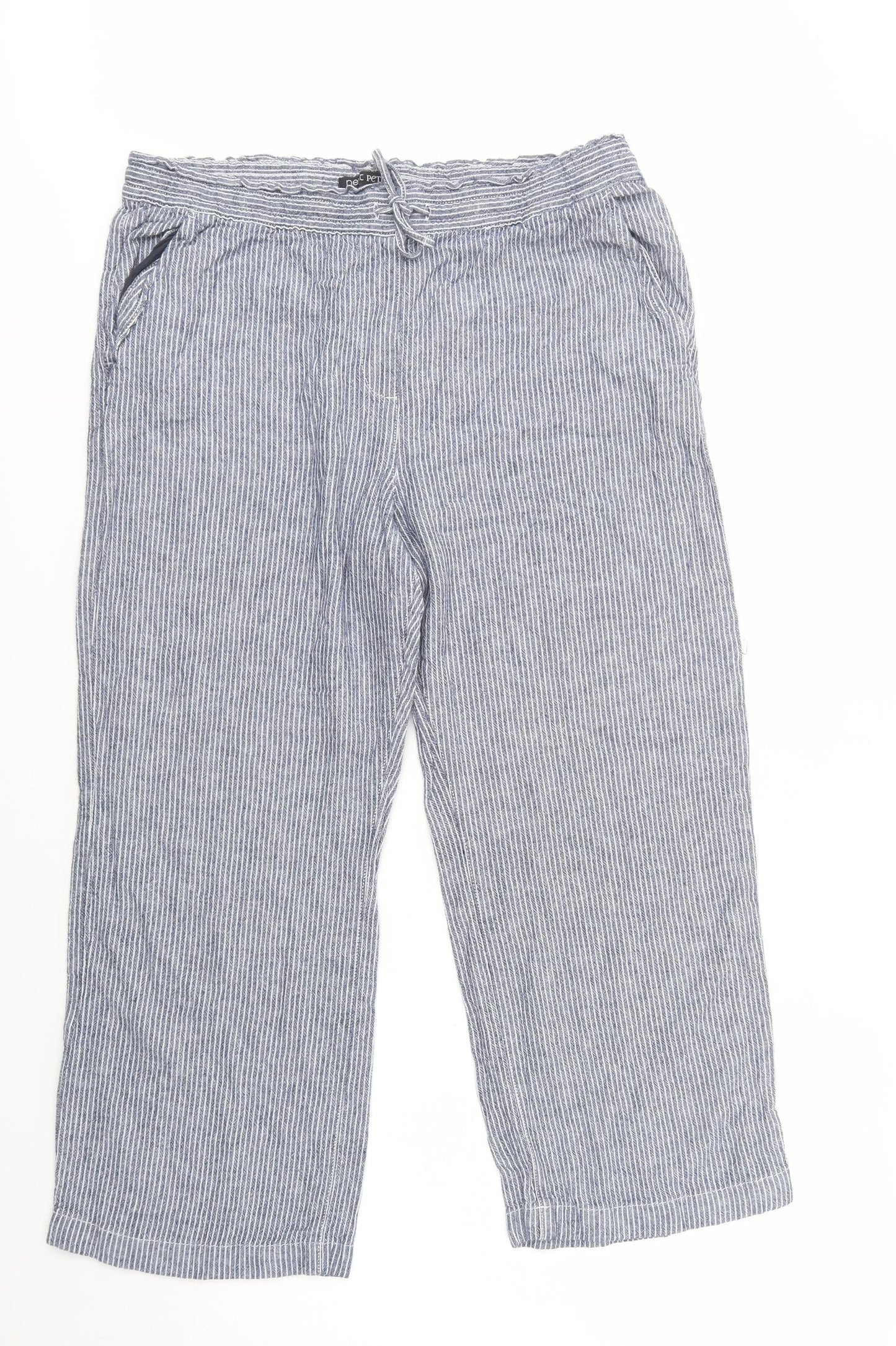 NEXT Womens Blue Striped Linen Cropped Trousers Size 16 L26 in Regular Drawstring