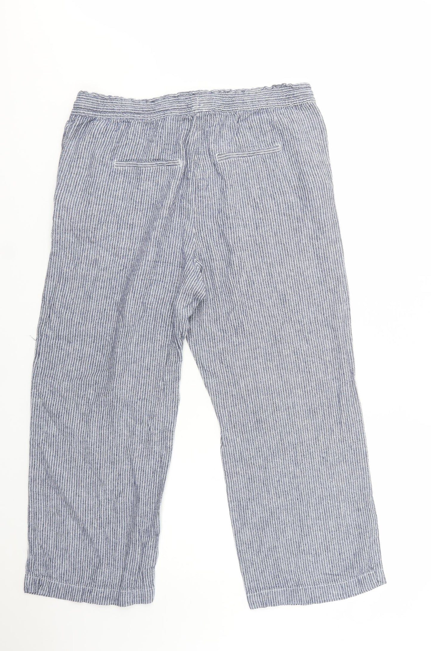 NEXT Womens Blue Striped Linen Cropped Trousers Size 16 L26 in Regular Drawstring