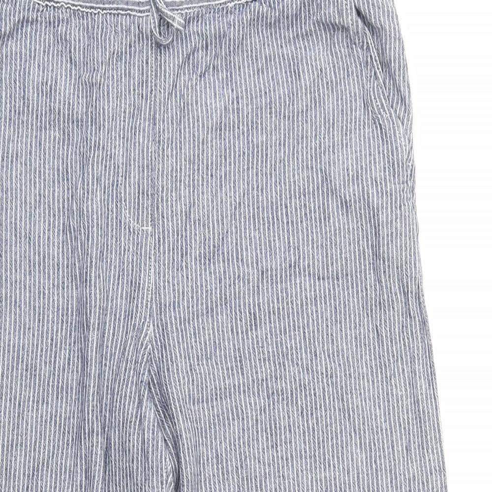 NEXT Womens Blue Striped Linen Cropped Trousers Size 16 L26 in Regular Drawstring