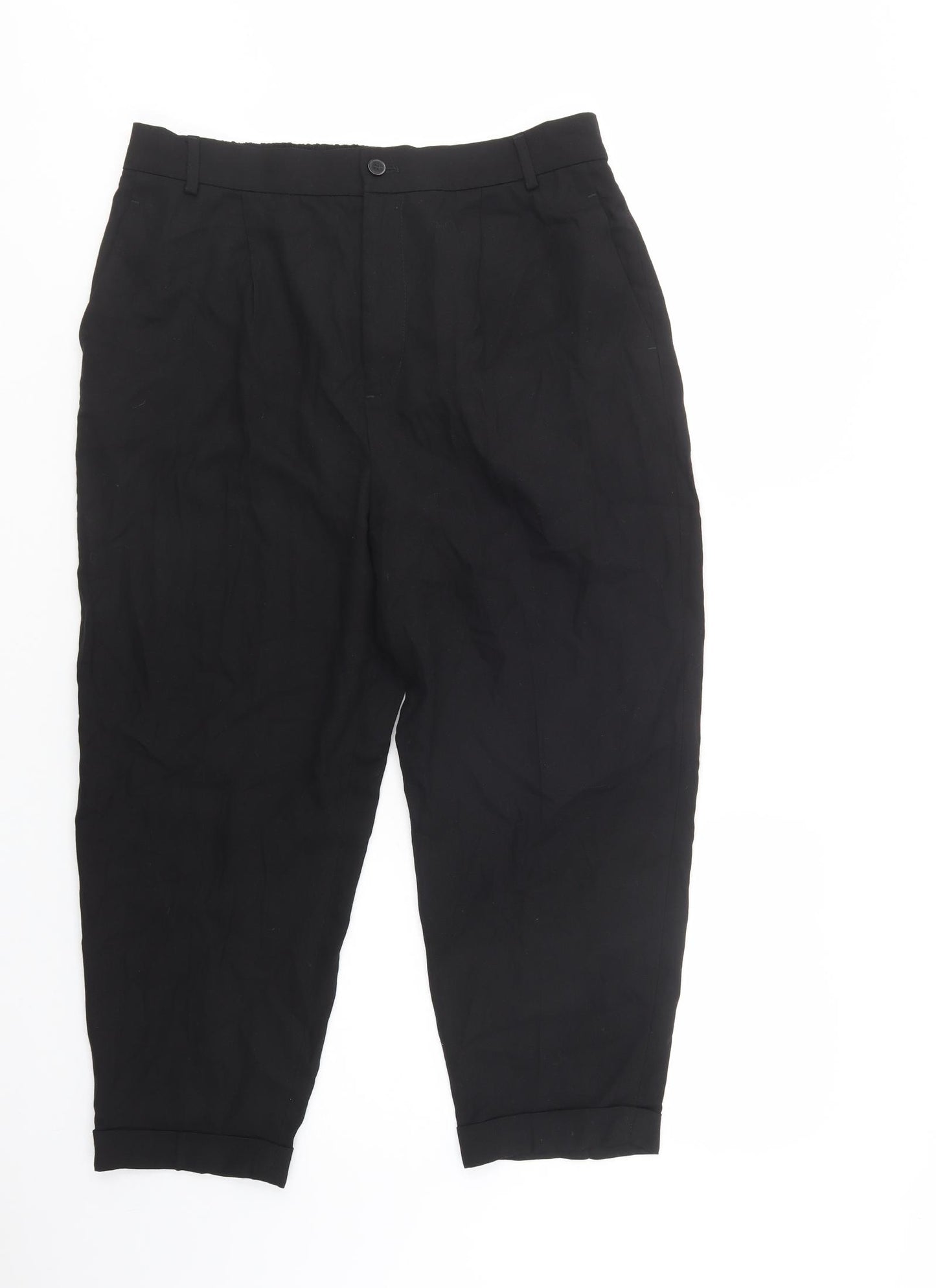 Zara Womens Black  Lyocell Cropped Trousers Size L L23 in Regular Button