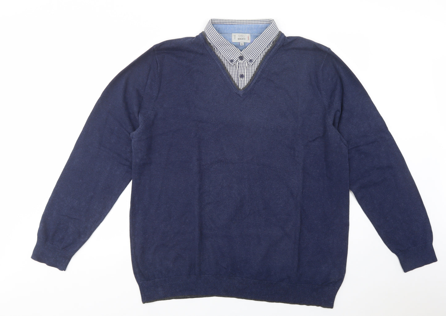 Marks and Spencer Mens Blue Collared  Cotton Pullover Jumper Size XL