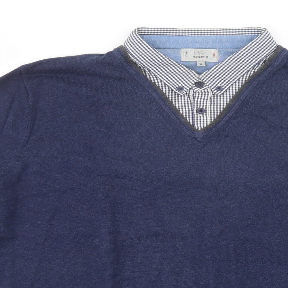 Marks and Spencer Mens Blue Collared  Cotton Pullover Jumper Size XL
