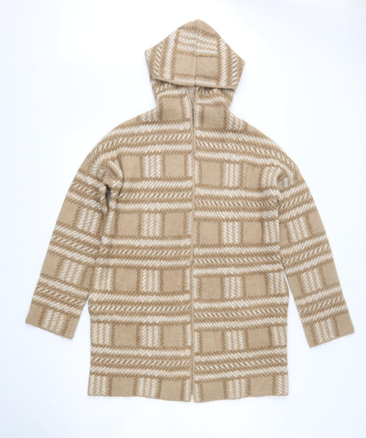 Front view of Primark women’s brown round neck plaid acrylic cardigan jumper, size XS