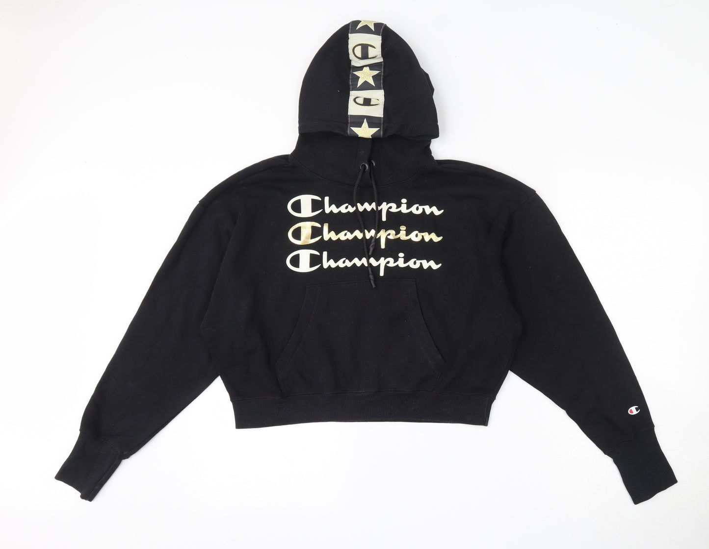 Champion Womens Black  Cotton Pullover Hoodie Size M   - Cropped