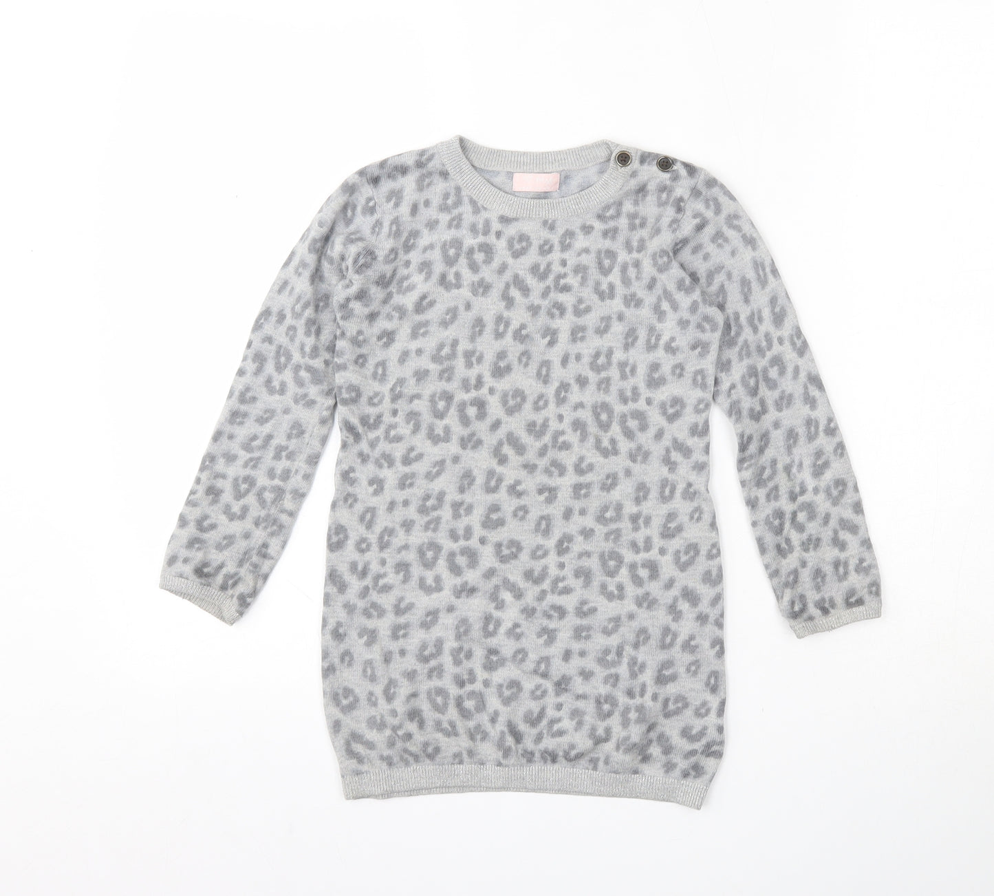 NEXT Girls Grey Round Neck Animal Print Nylon Pullover Jumper Size 5-6 Years  Button