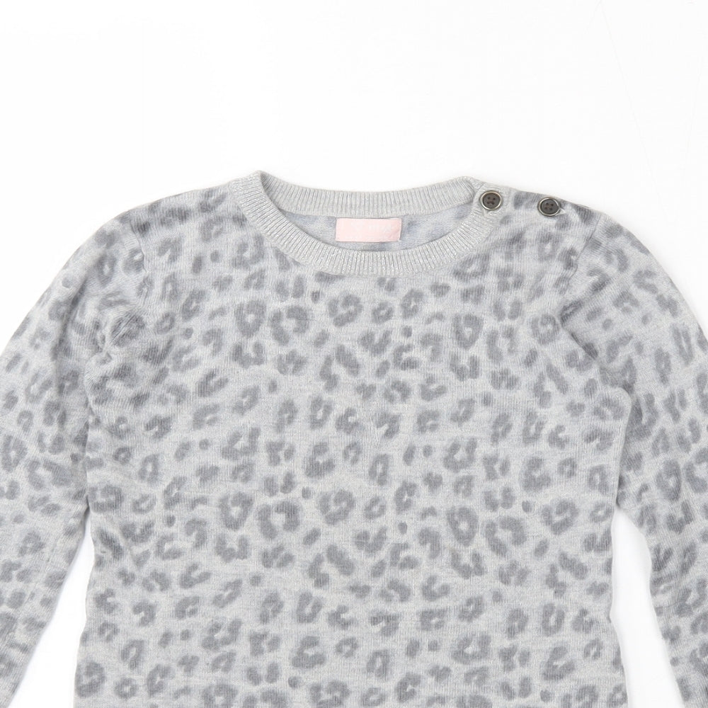 NEXT Girls Grey Round Neck Animal Print Nylon Pullover Jumper Size 5-6 Years  Button