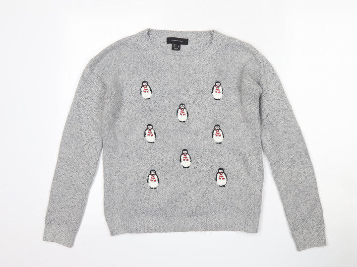 Atmosphere Womens Grey Round Neck Acrylic Pullover Jumper Size 6 - Snowman