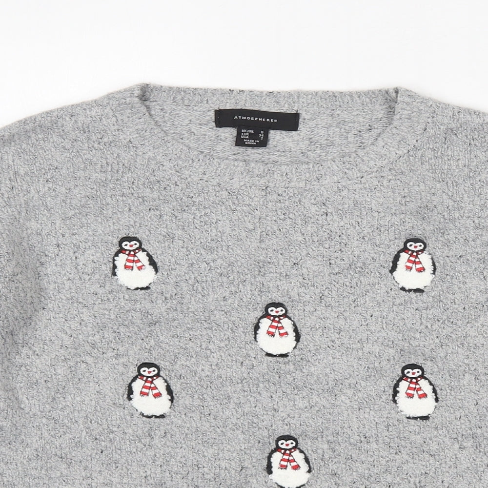 Atmosphere Womens Grey Round Neck  Acrylic Pullover Jumper Size 6   - Snowman