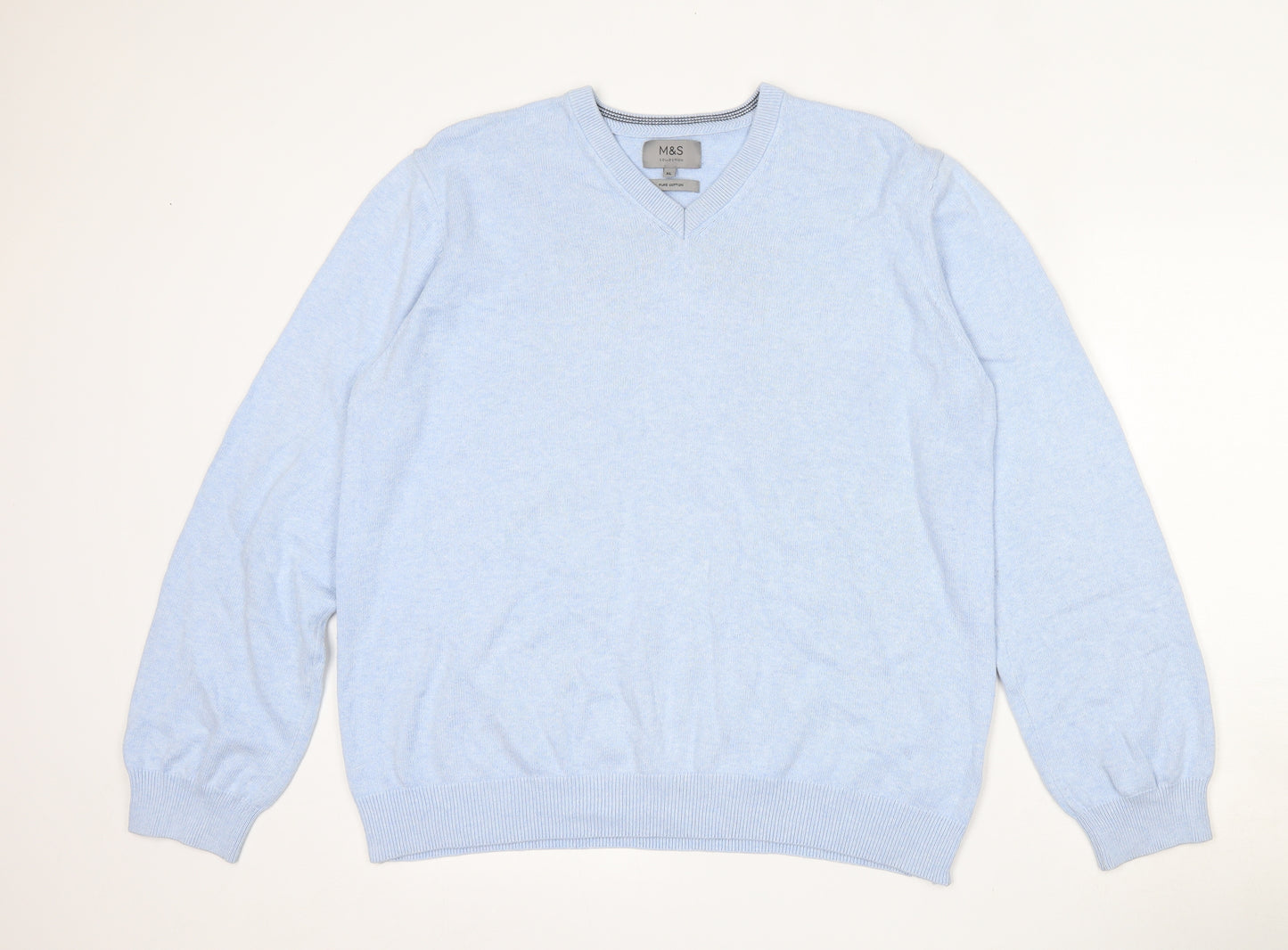 Marks and Spencer Mens Blue V-Neck  Cotton Pullover Jumper Size XL