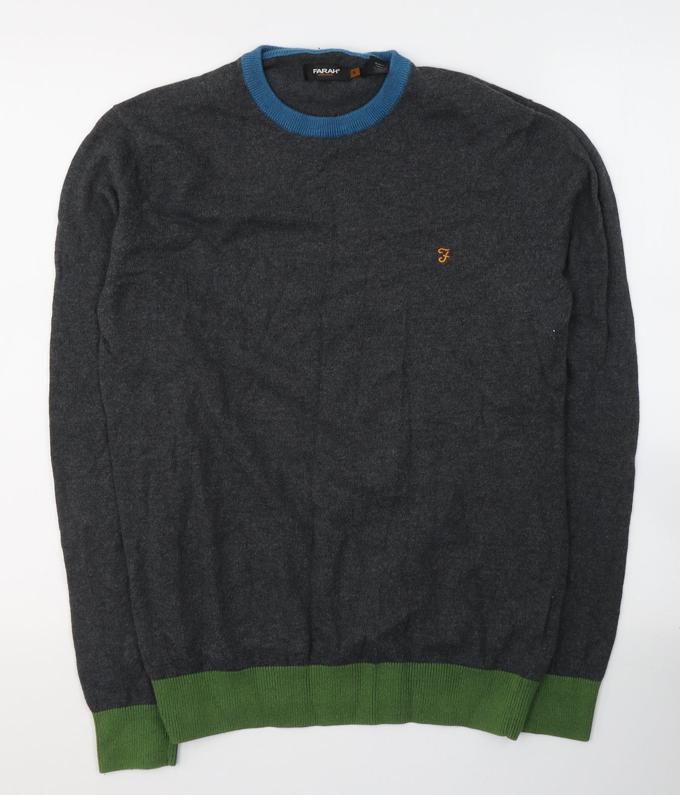 Farah Mens Grey Round Neck  Cotton Pullover Jumper Size S
