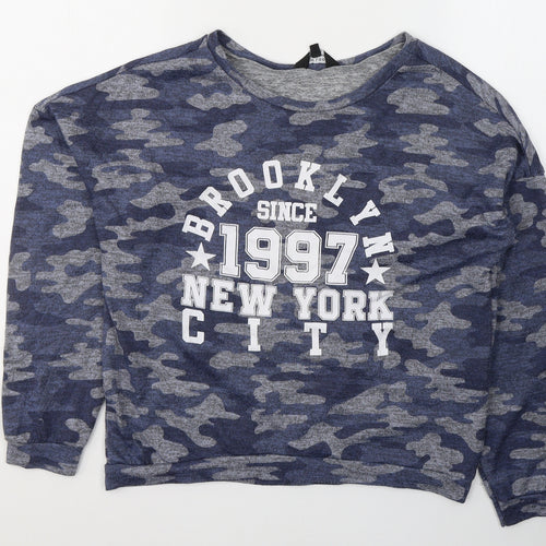New Look Girls Blue Camouflage Polyester Basic Casual Size 14-15 Years Round Neck Pullover - Brooklyn 1997