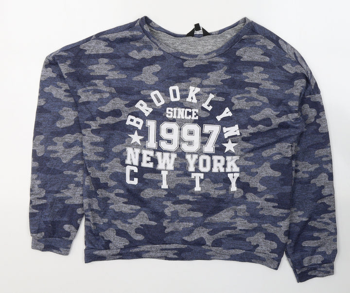 New Look Girls Blue Camouflage Polyester Basic Casual Size 14-15 Years Round Neck Pullover - Brooklyn 1997
