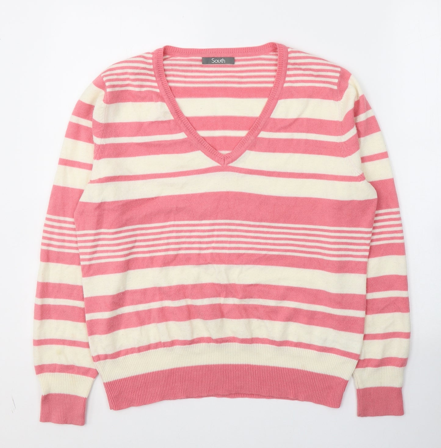 South Womens Pink V-Neck Striped Acrylic Pullover Jumper Size 16