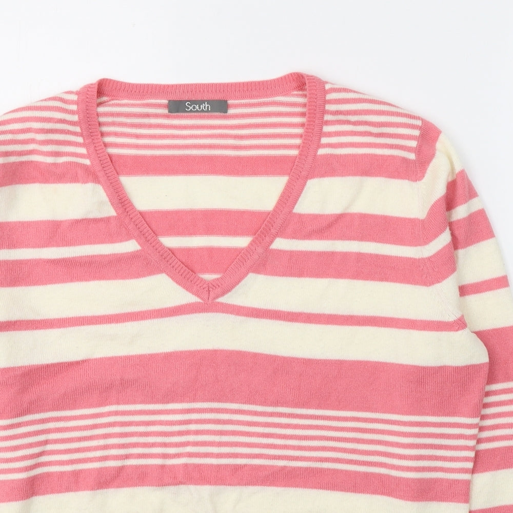 South Womens Pink V-Neck Striped Acrylic Pullover Jumper Size 16