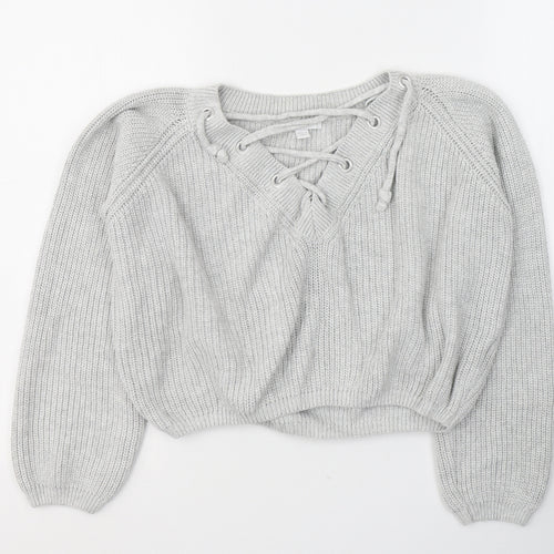 Subdued Womens Grey V-Neck  Cotton Pullover Jumper Size S   - Tie Up Neck