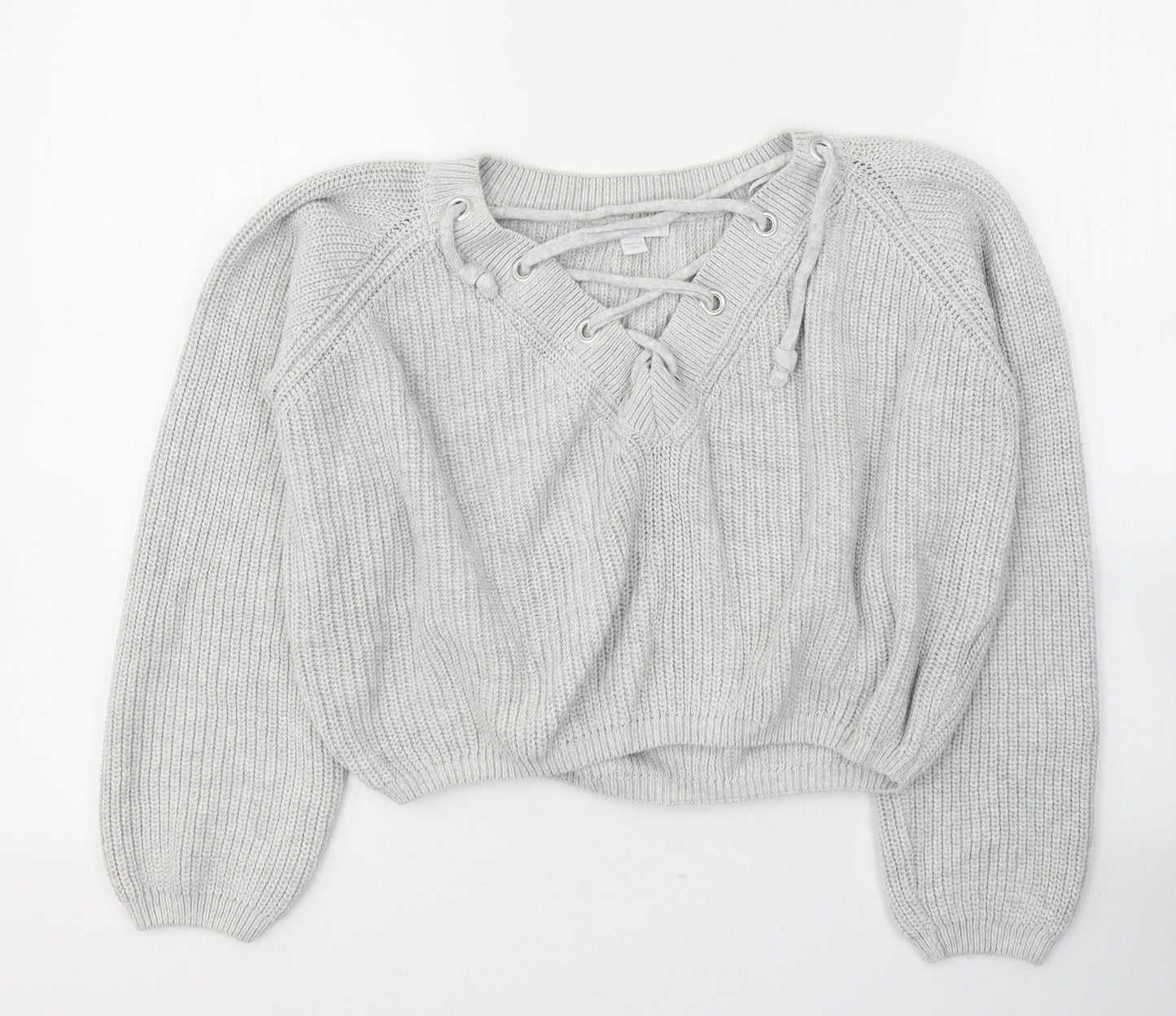 Subdued Womens Grey V-Neck  Cotton Pullover Jumper Size S   - Tie Up Neck