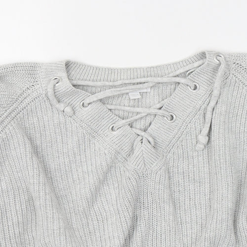 Subdued Womens Grey V-Neck  Cotton Pullover Jumper Size S   - Tie Up Neck