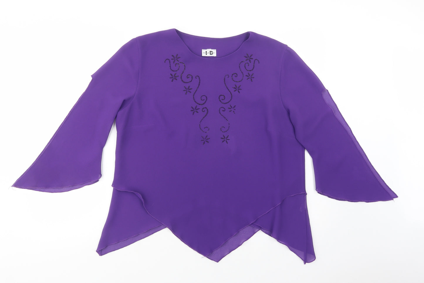 ID Collection Womens Purple Floral Polyester Basic Blouse Size L Crew Neck