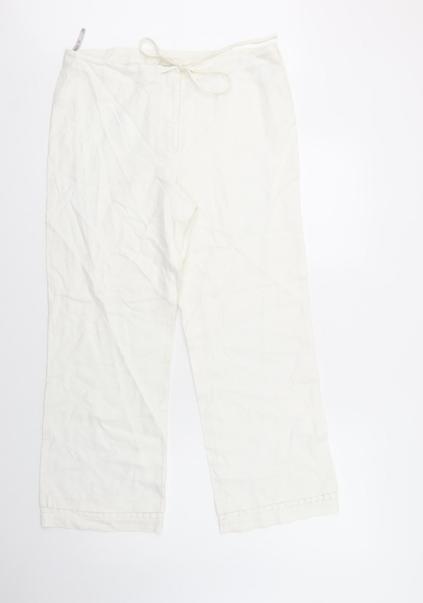 Oasis Womens White  Linen Trousers  Size 16 L27 in Regular Drawstring
