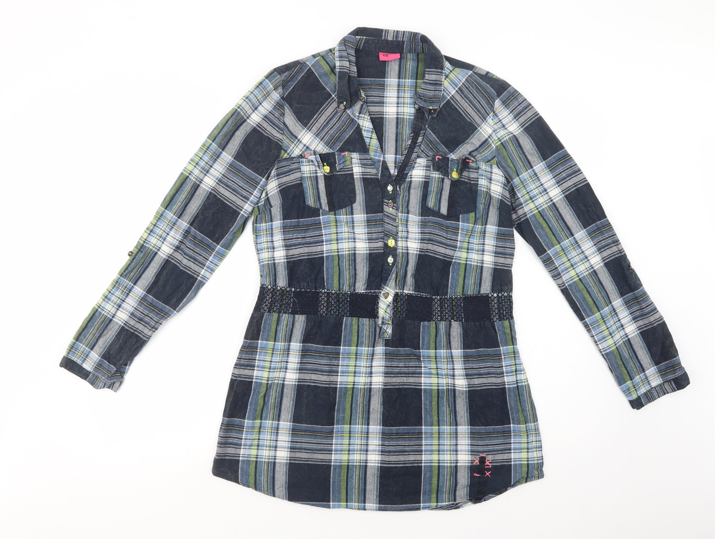 George Womens Blue Plaid Cotton Tunic Button-Up Size 12 Collared