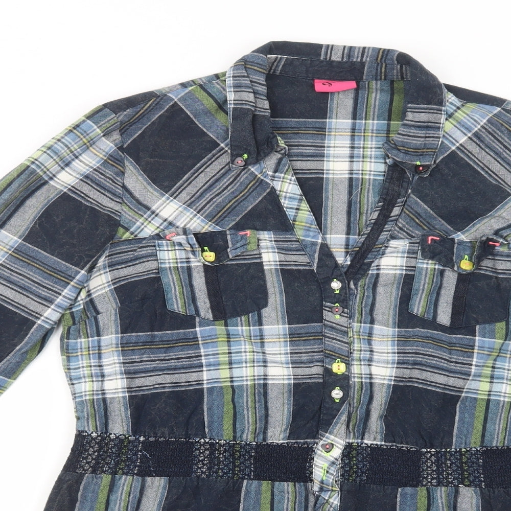 George Womens Blue Plaid Cotton Tunic Button-Up Size 12 Collared