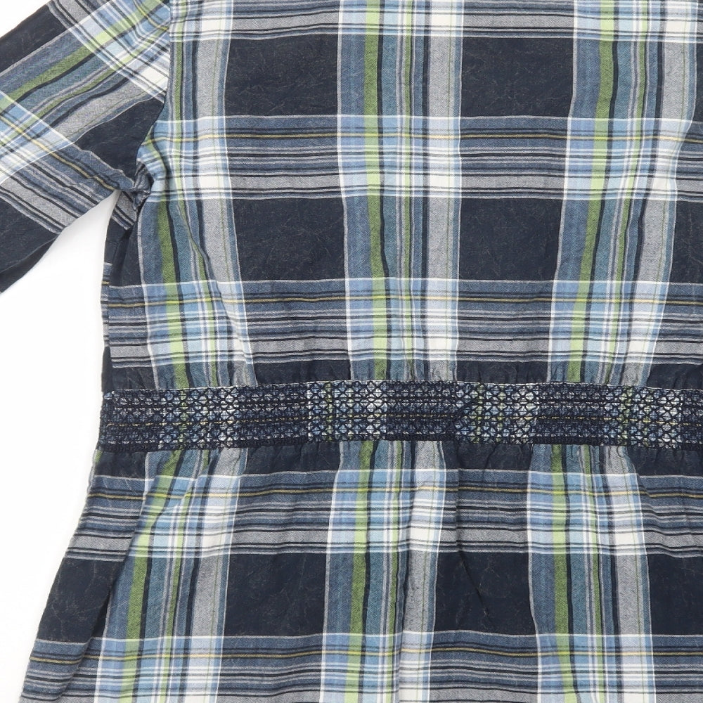 George Womens Blue Plaid Cotton Tunic Button-Up Size 12 Collared