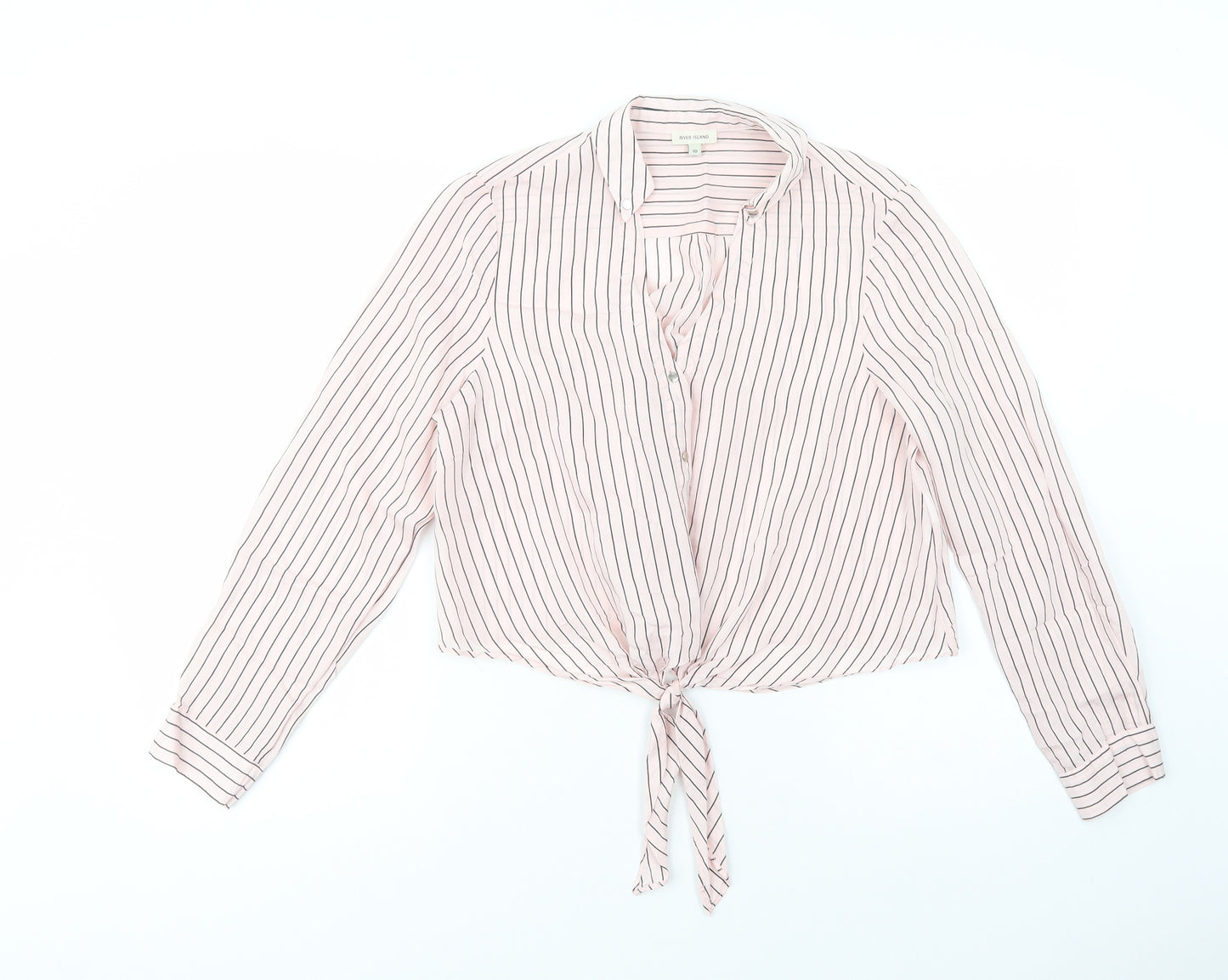 River Island Womens Pink Striped Viscose Cropped Button-Up Size 10 Collared