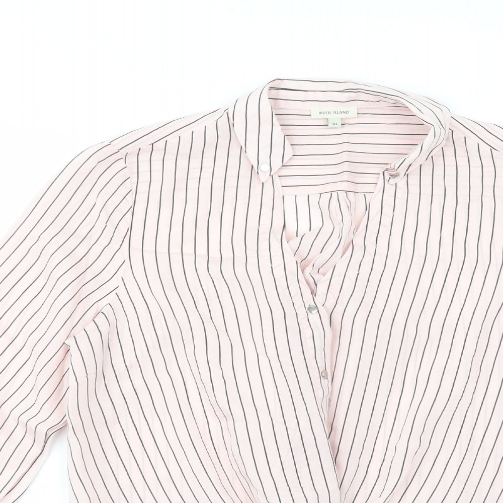 River Island Womens Pink Striped Viscose Cropped Button-Up Size 10 Collared