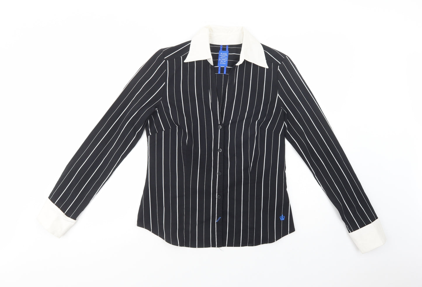River Island Womens Black Striped Cotton Basic Button-Up Size 14 Collared