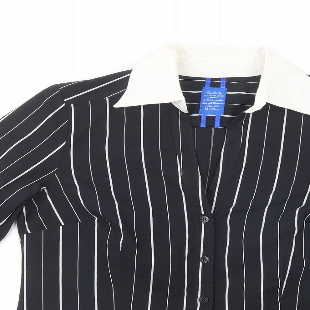 River Island Womens Black Striped Cotton Basic Button-Up Size 14 Collared