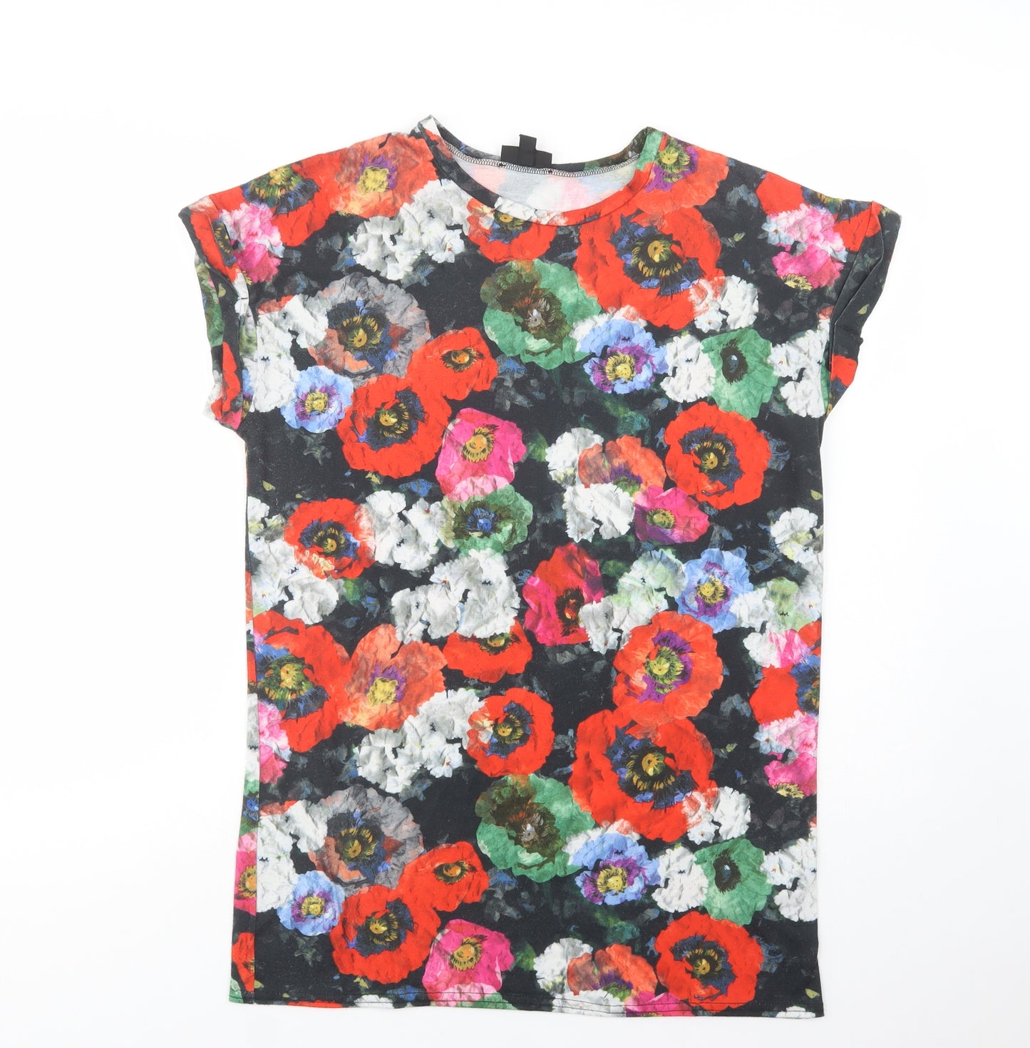 Topshop Womens Black Floral Polyester Tunic Blouse Size 8 Crew Neck