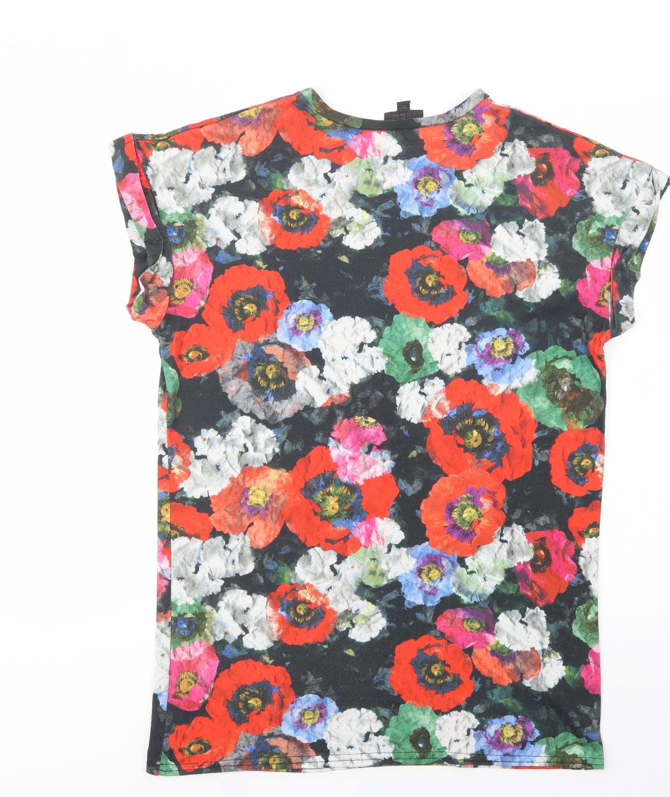Topshop Womens Black Floral Polyester Tunic Blouse Size 8 Crew Neck