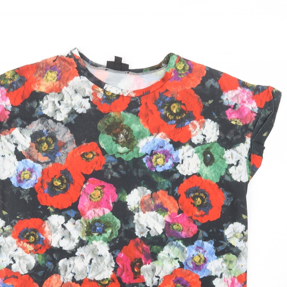 Topshop Womens Black Floral Polyester Tunic Blouse Size 8 Crew Neck