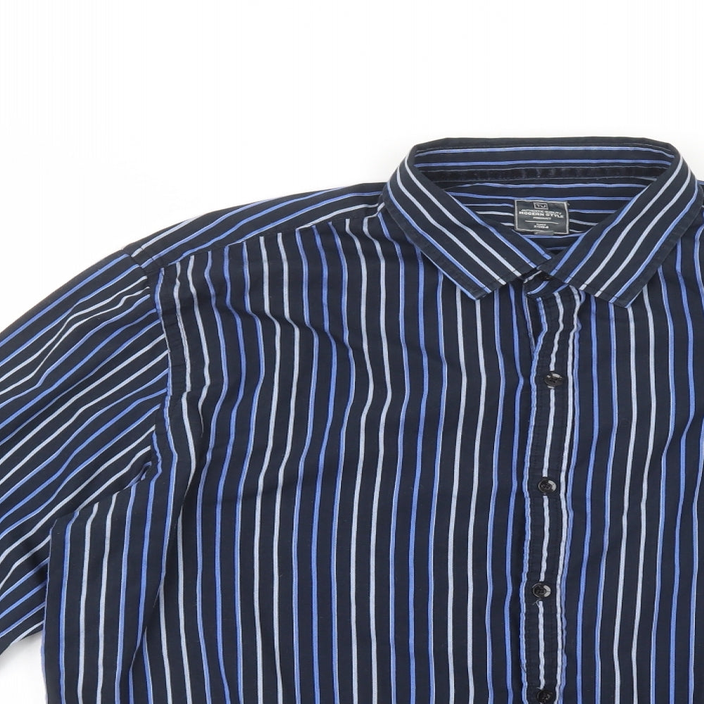 TU Mens Blue Striped Polyester  Dress Shirt Size XL Collared Button