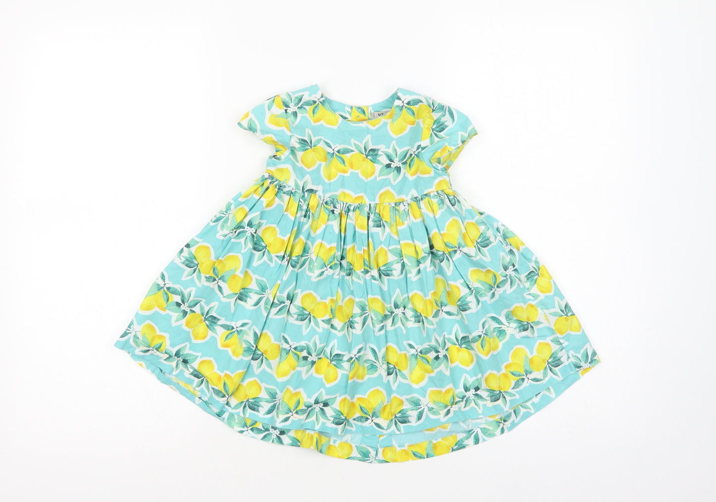 NEXT Baby Green Floral Cotton Fit & Flare  Size 12-18 Months  Crew Neck Button - Lemon Print