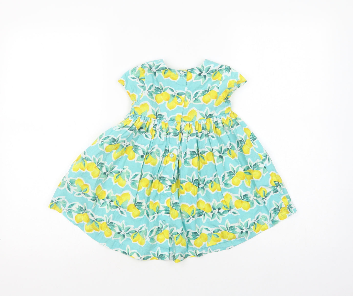 NEXT Baby Green Floral Cotton Fit & Flare  Size 12-18 Months  Crew Neck Button - Lemon Print