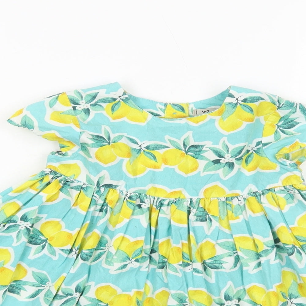 NEXT Baby Green Floral Cotton Fit & Flare  Size 12-18 Months  Crew Neck Button - Lemon Print