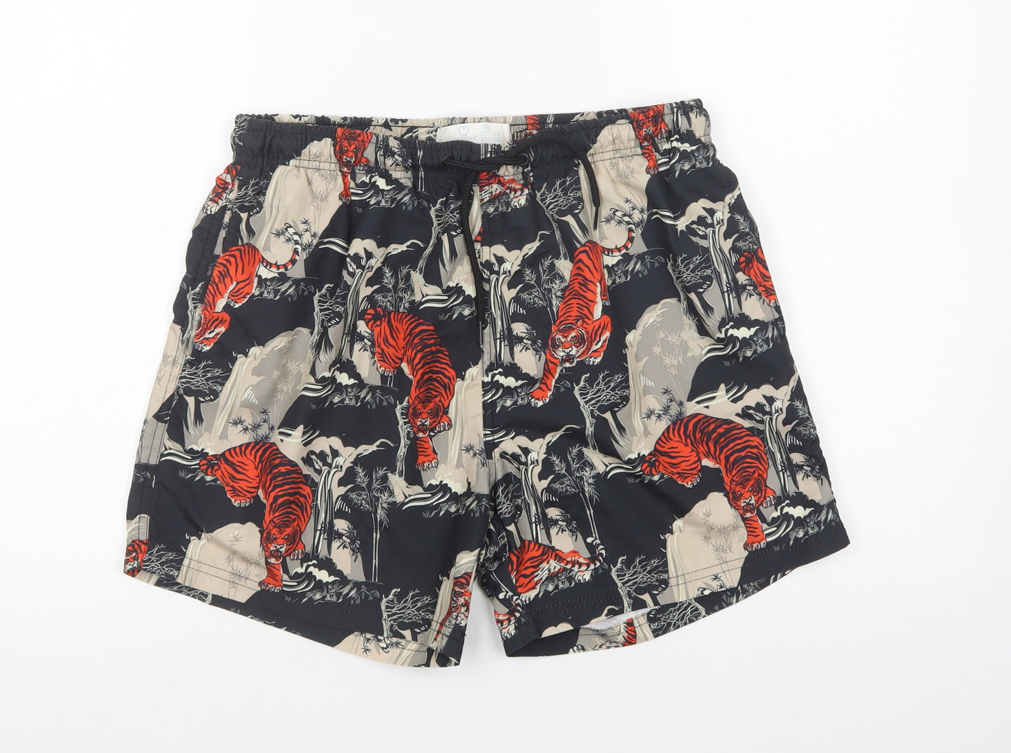 Primark Womens Black Floral Polyester Biker Shorts Size 12 L5 in Regular Drawstring - Wild Cat Print