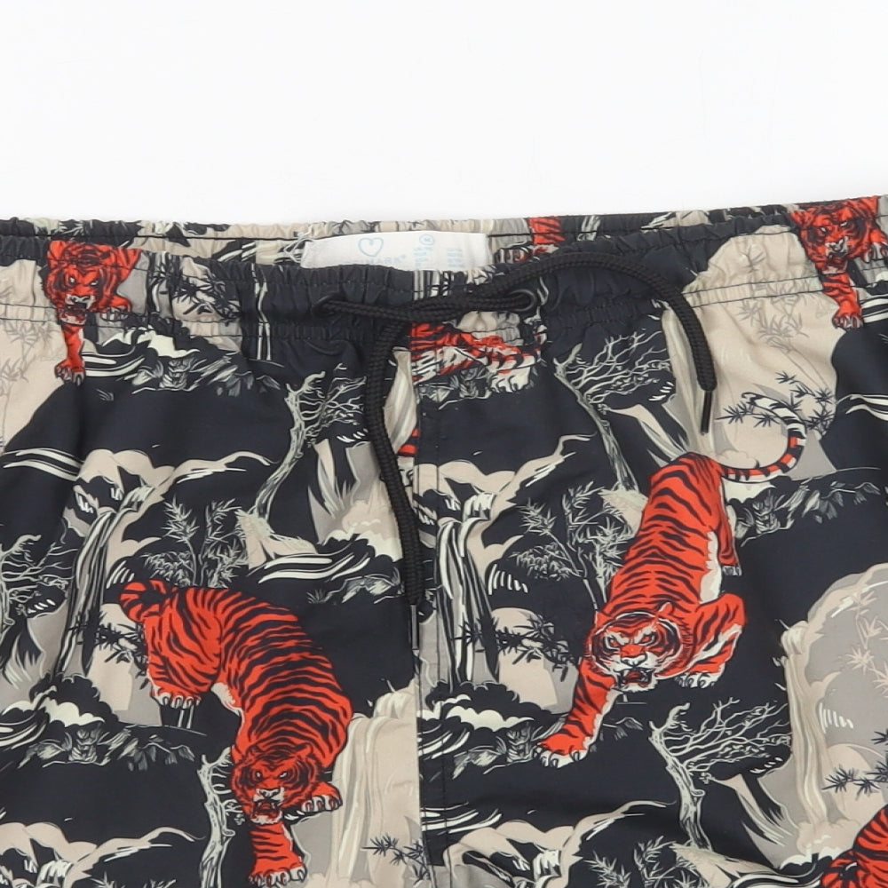 Primark Womens Black Floral Polyester Biker Shorts Size 12 L5 in Regular Drawstring - Wild Cat Print